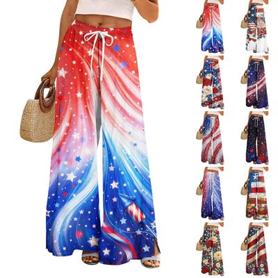 Women Summer Boho Palazzo Pants High Waist Wide Leg Printing Casual Trousers With Pockets