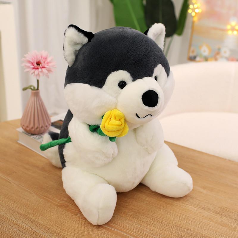 Cute Cartoon Handheld Rose Husky Plush Stuffed Toy Pillow For Room Decoration