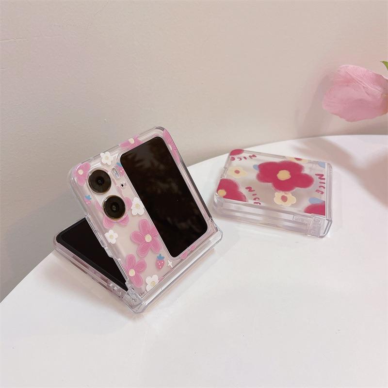 For Oppo Find N2 Flip 5G Case Flower Pattern Printing PC Phone Cover with Flower Charm Chain