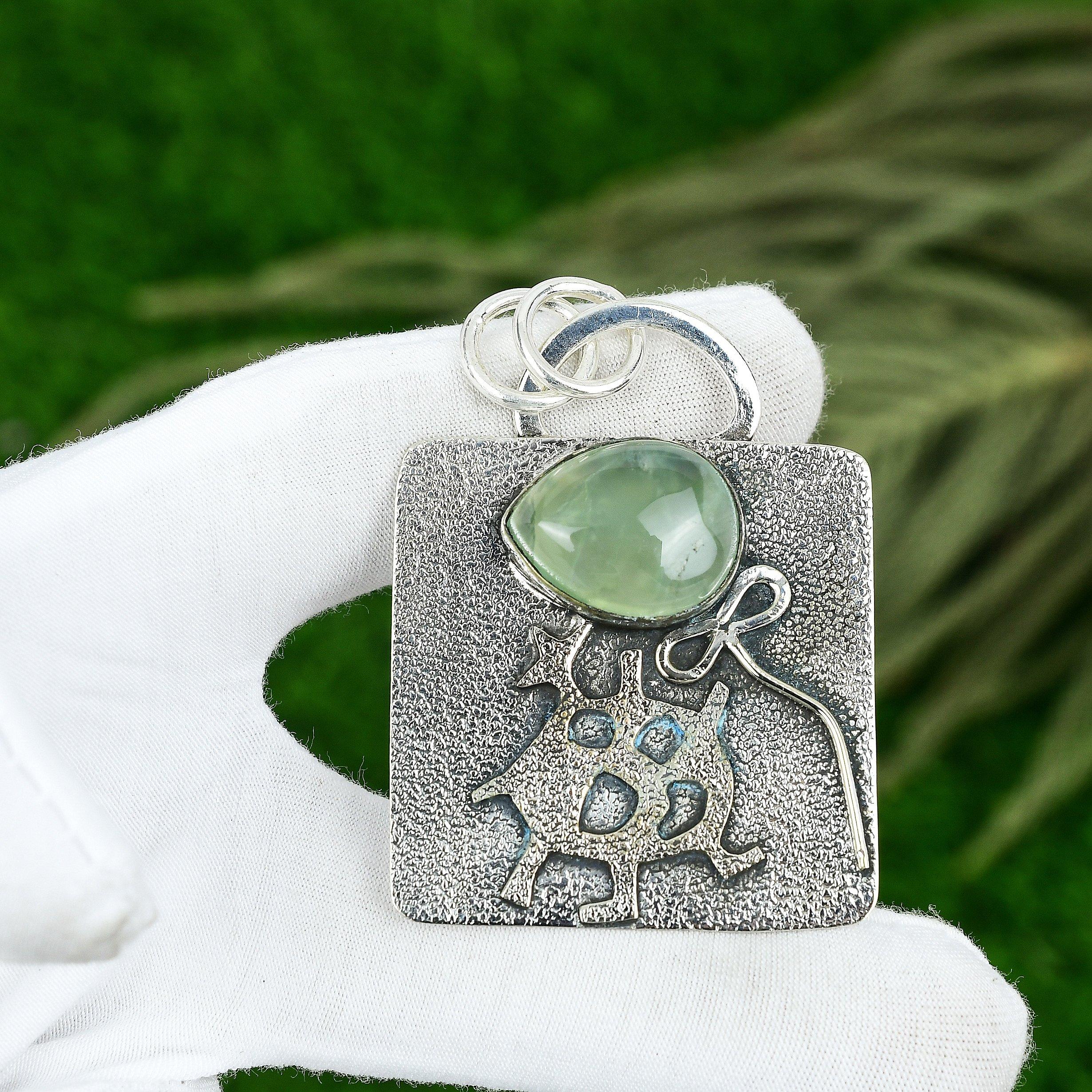 Friendship Day Sale Prehnite Stone 925 Silver Bezel Handcrafted Wedding Pendant