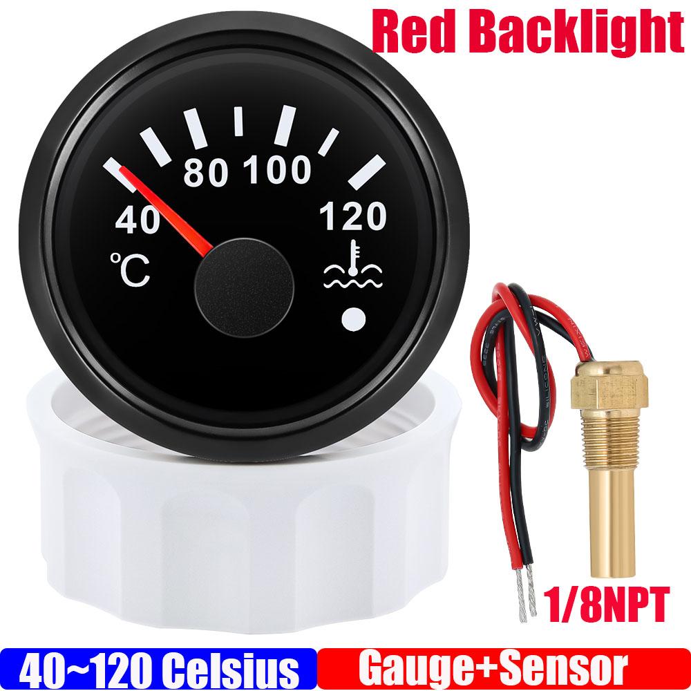 40~120 Celsius 52mm Water Temperature Gauge+Sensor with Flash Alarm Waterproof Red Light Water Temp Meter for Car Boat 12V 24V