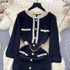 Autumn Women O Neck Long Sleeves Buttons Chain Pockets Knitted Sweater Dress Elegant Skinny Sheath Bodycon Dresses