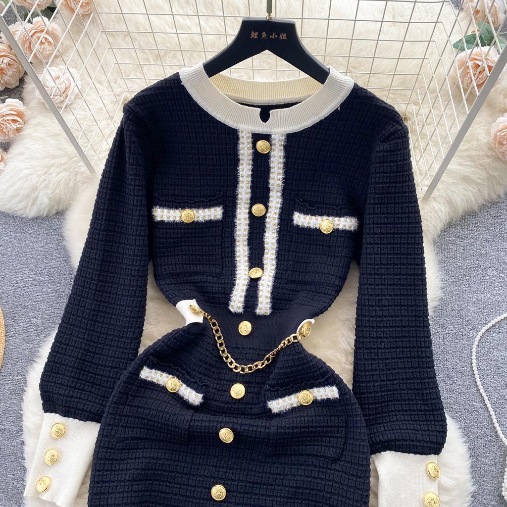 Autumn Women O Neck Long Sleeves Buttons Chain Pockets Knitted Sweater Dress Elegant Skinny Sheath Bodycon Dresses