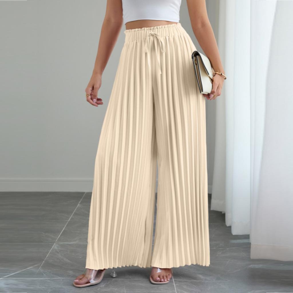 Women's Color Pleated Elastic Waist Tie Loose Wide-leg Pants