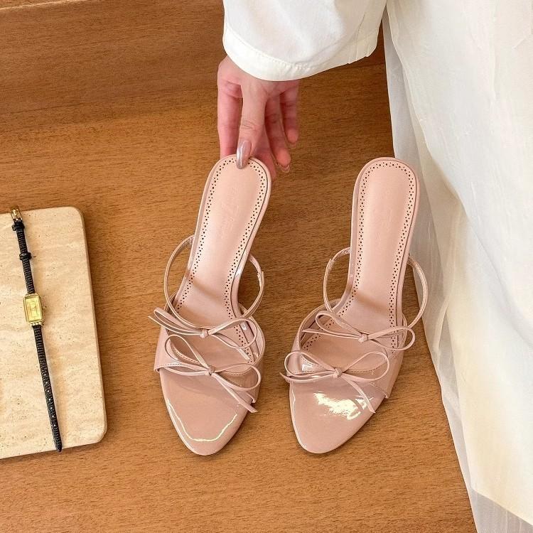 Soft leather version~ nude one-word sandals with bow women's 2025 summer new thin heel versatile casual high heels