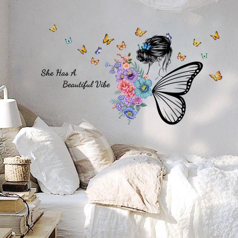 Wall Sticker Butterfly English Slogan Girl Flower Wall Sticker Paper Living Room Decoration Self Adhesive