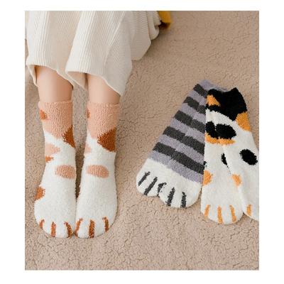 Herbst Winter Korallen Samt Socke Süße Katzenkralle Für Frauen Mittelrohr Verdickte Schlaf Hause Boden Socken