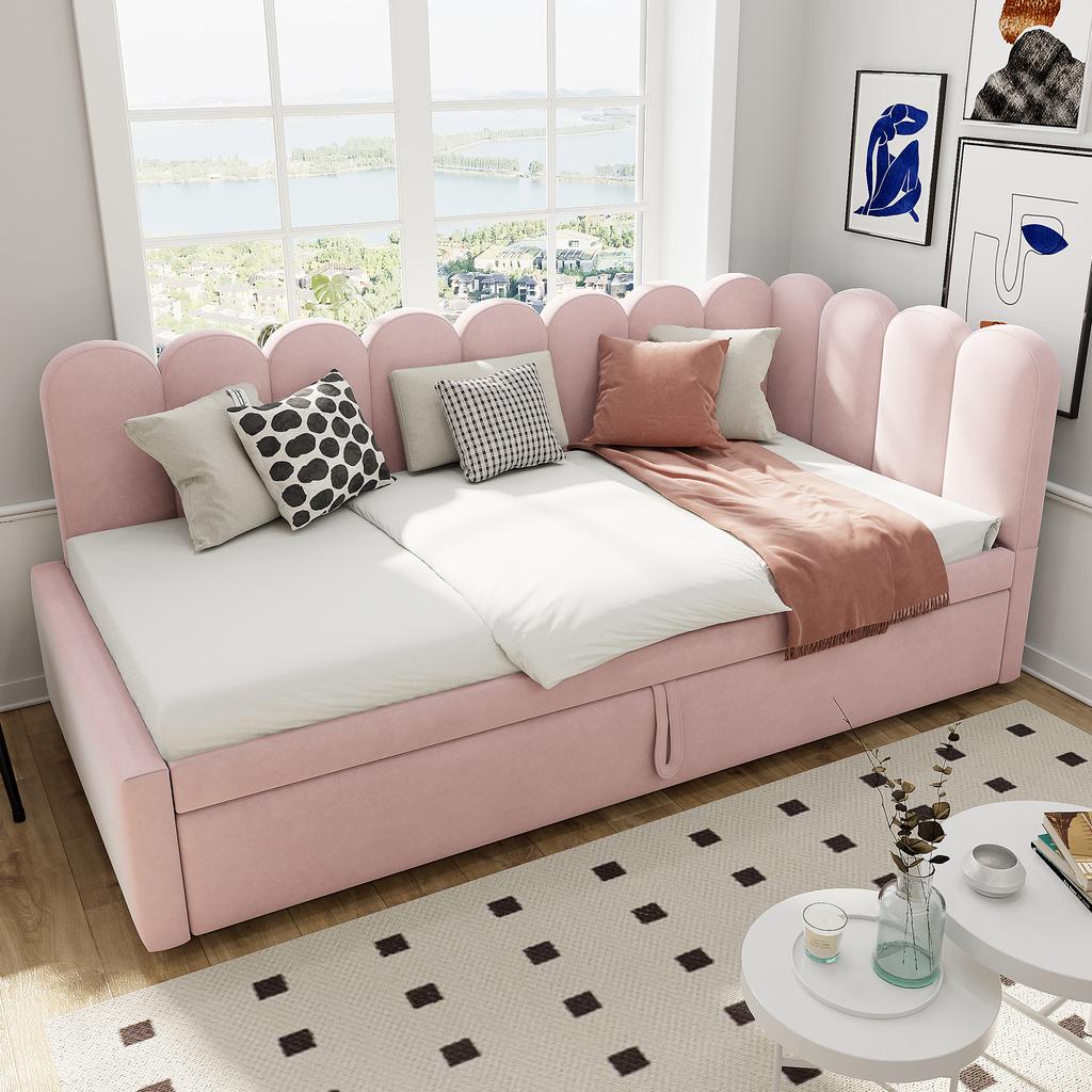 2-in-1 Multifunctional Sofa Bed In L-shape (90/180 X 200 Cm), Velvet Pink, Space-saving Design, Can Be Used As a Children's Bed or Guest Bed.