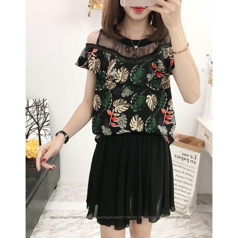 

Plus Size Chiffon Tops Print Women s K-style Summer Plus Size Ladies Lace Stitching Sexy off-Shoulder Western Style Shirt 100.00kg Black (Skirt) M