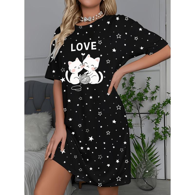 Women's Comfortable Short-sleeve Crewneck T-shirt Dress - Cute Cat and Star Letter Print Casual Dress with Star Embellishments