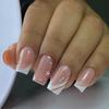 European & American Medium Short Square White French False Nails with 3D Stripes & Glitter Nail Art