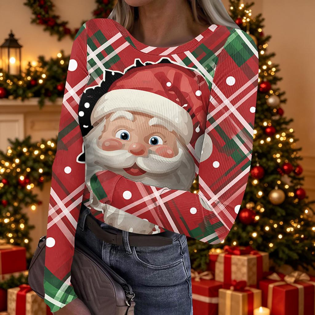 Women's Casual Christmas Print Long Sleeve Ribbed Top with Round Neck for Holiday Wear