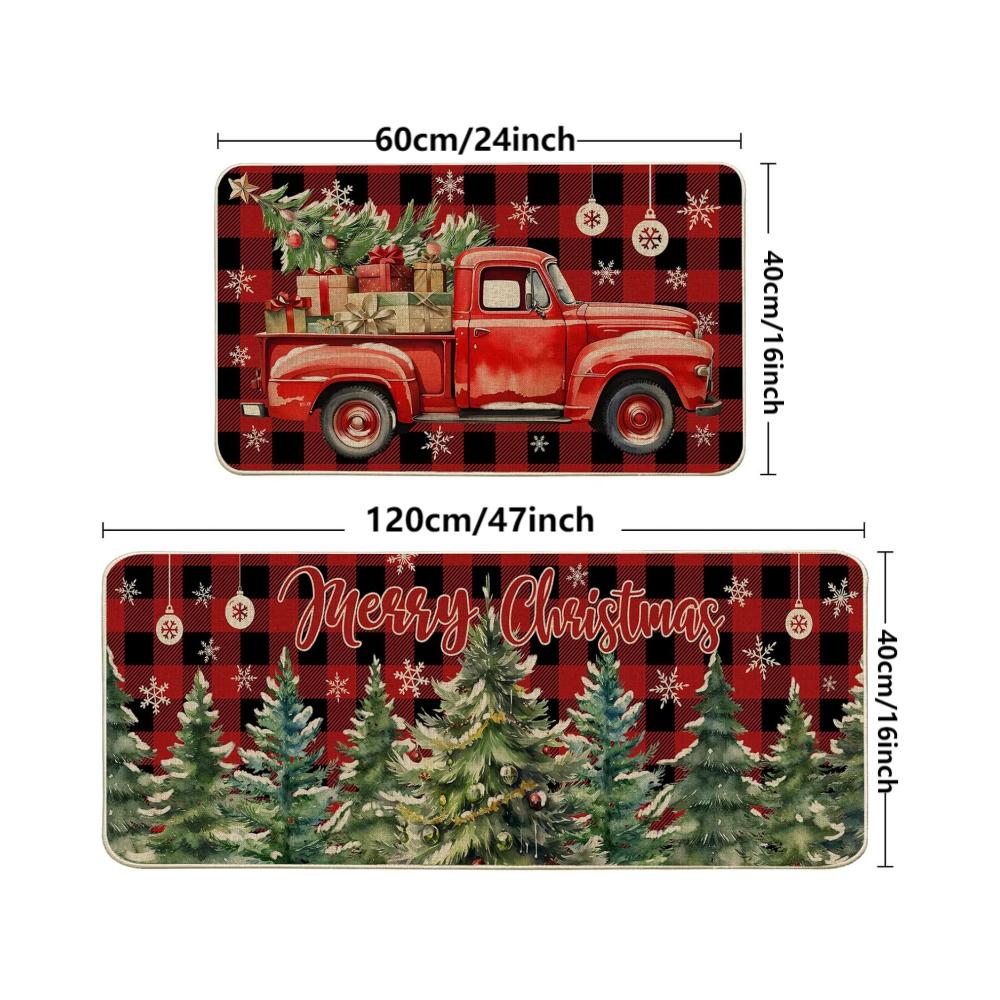 2pc  Christmas American Retro Red Truck Carpet Home Decor, Non-Slip And Dirt-Proof, Kitchen And Dining Room Floor Mats Set