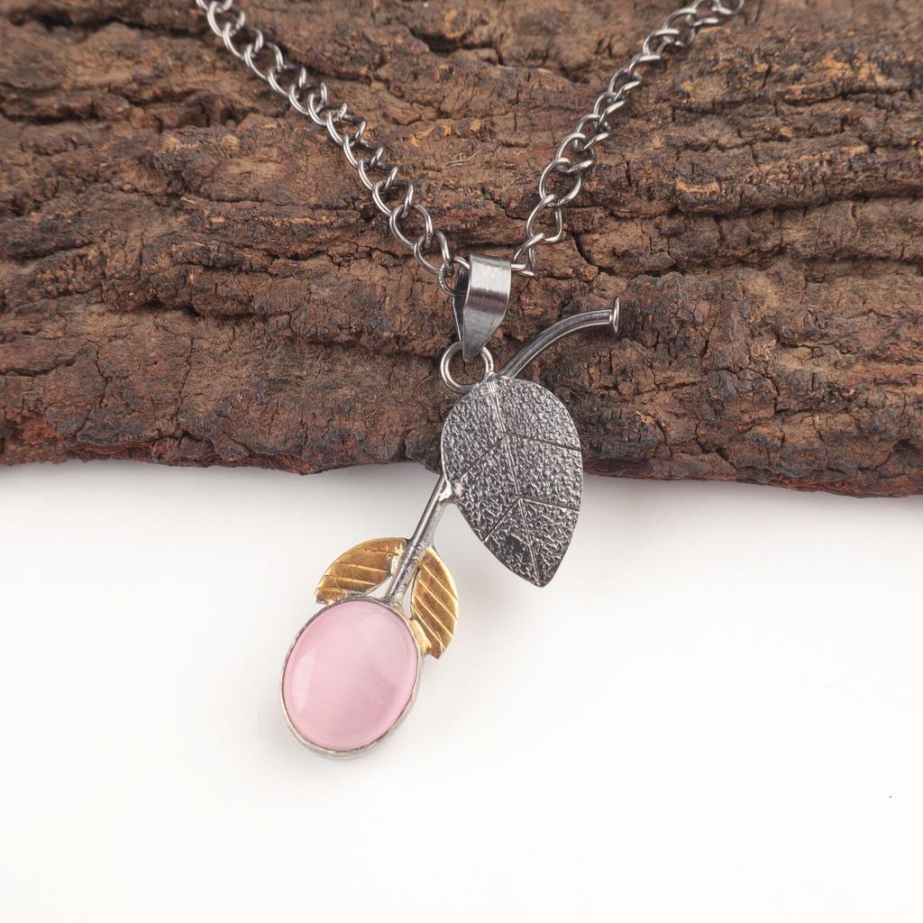 Oval Natural Pink Cat'S Eye Sterling Silver Best Sisters Gift Pendant Jewelry PP-55-28