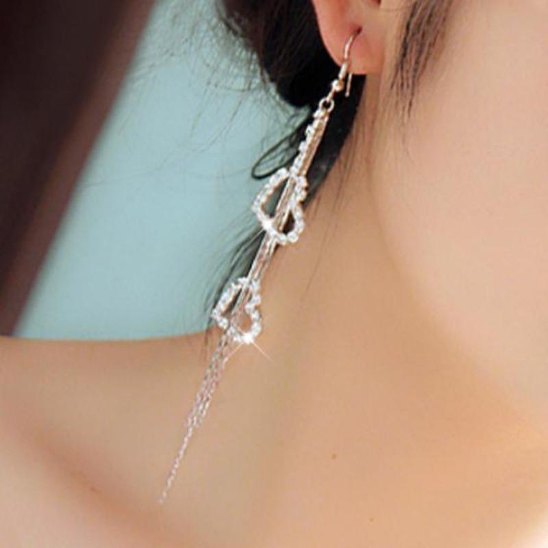 Lady Strass Double Love Herz Tropfen lange Quasten Kette baumeln lineare Ohrringe