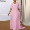 VONDA Summer Women Short Sleeve V Neck Solid Bandage Casual Long Maix Dress