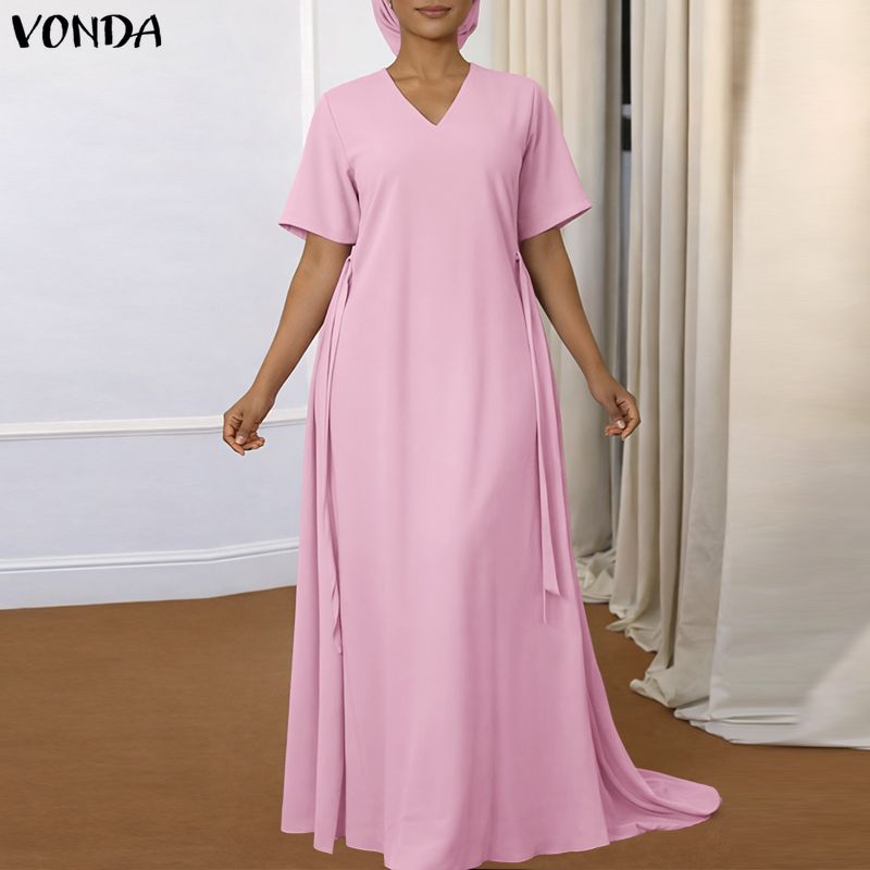 VONDA Summer Women Short Sleeve V Neck Solid Bandage Casual Long Maix Dress