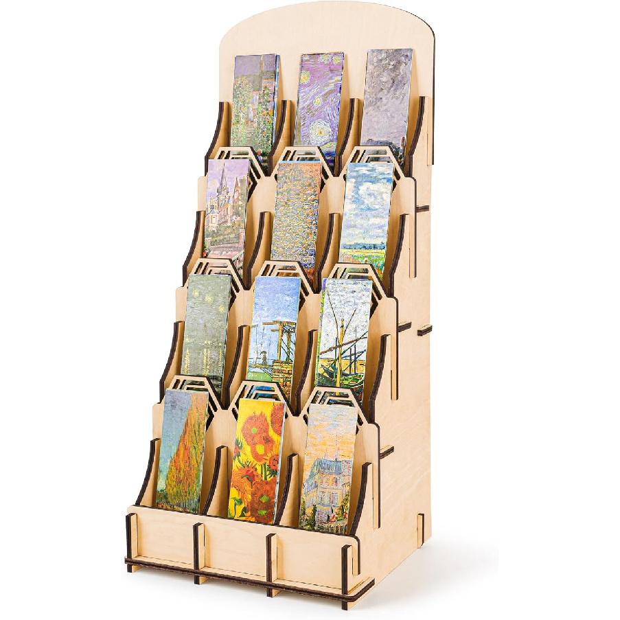 Bookmark Display Stand, Bookmark Holder Sticker Display for Anyting up to 2.4 Inches Wide, 4 Tier Wood Bookmark Stand, Portable Product Bookmark