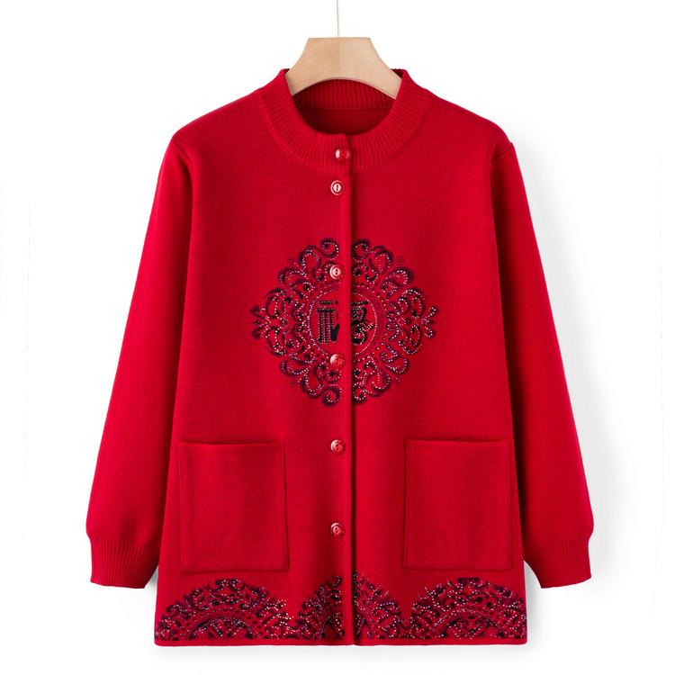 Grandma Cardigan Sweater Autumn and Winter Clothes Festive Sweater Middle-aged and Elderly Mothers Wear Autumn Coat Old Ladies New Style