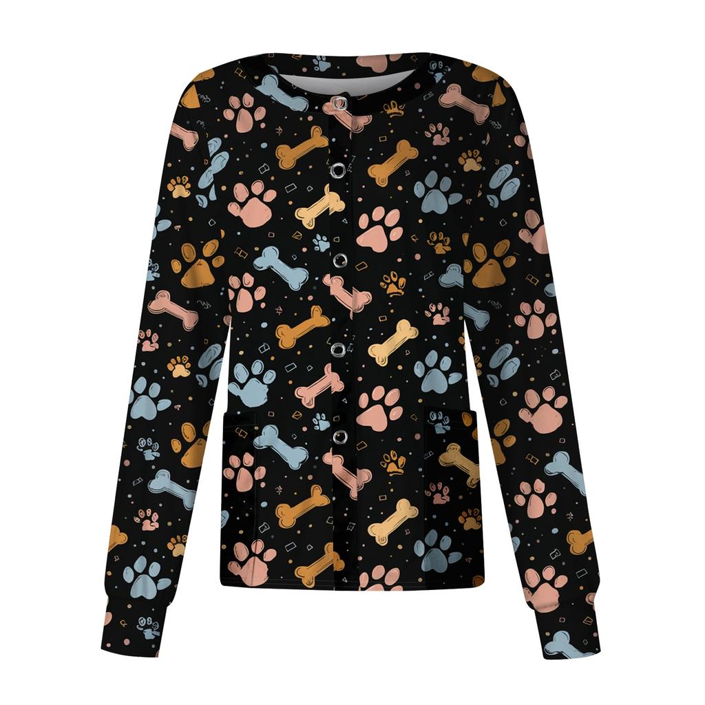 Women Long Sleeve Button Front Cardigan Animal Print Work Shirt Lightweight Casual Cover Up Top for Healthcare and Daily Wear