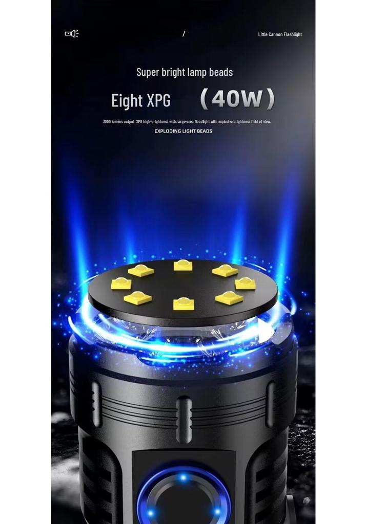 Rechargeable Ultra-Bright Eight-Eyed Monster Flashlight with Red Warning Light for Outdoor and Household Use