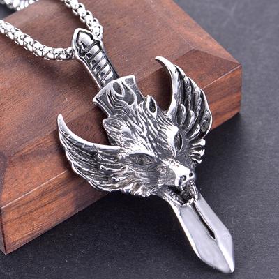 Wolf Head Sword Pendant Vintage Necklace Fashion Male Exaggerated Winged Wolf Necklace