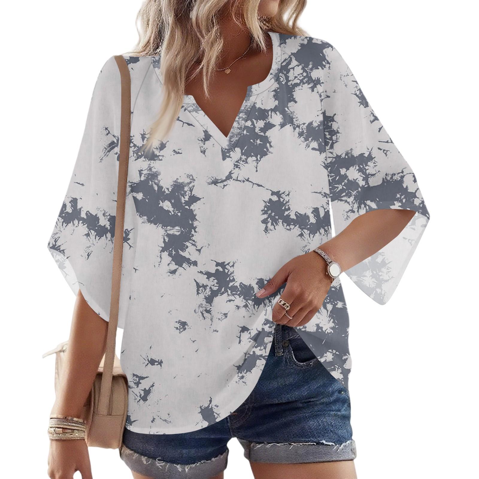 

Women s 3/4 Sleeve V Floral Shirt Casual Loose Tunic Top L бежевий