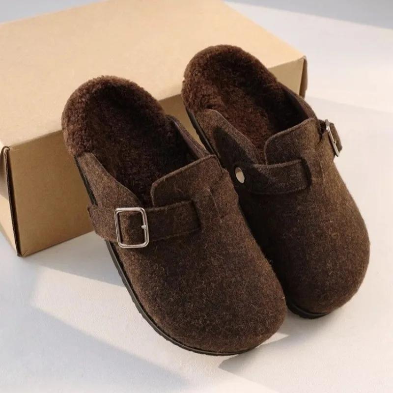Winter Baotou Slippers Women's Round Head Deep Mouth Suede Belt Buckle Soft Sole Non-slip Wear-resistant Flat Shoes