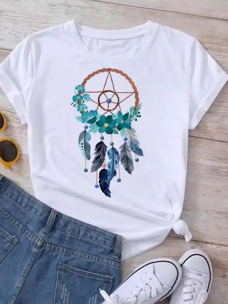 Women's Pattern Short Sleeve T-Shirt Women's Summer Clothing Feather 90S Fashion Women's University T-Shirt