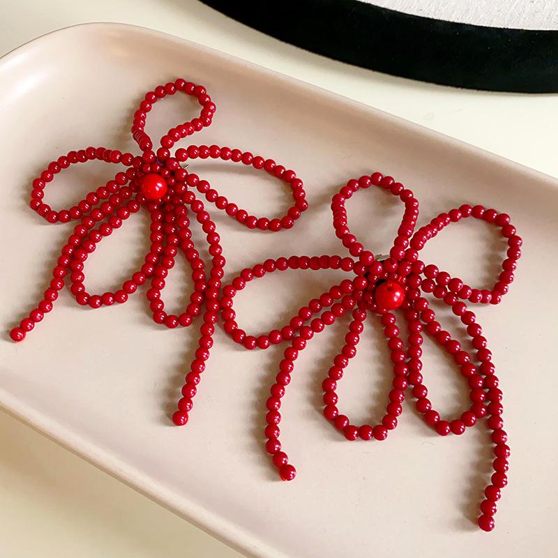 New Elegant Red Bow Beads Earrings for Women Girls Fashion Cute Sweet Long Tassel Dangle Earrings Luxury Party Jewelry Gifts