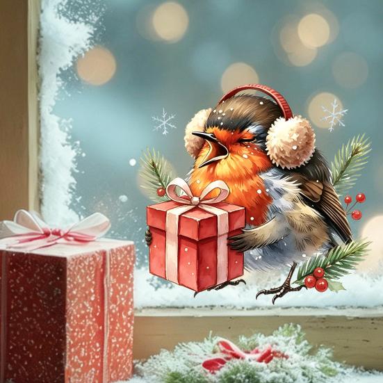 Window Clings for Glass Christmas Bird Static Clings, PVC Waterproof Decals with Santa Hat And Pattern Stickers Gift Box, Removable Holiday Home Door