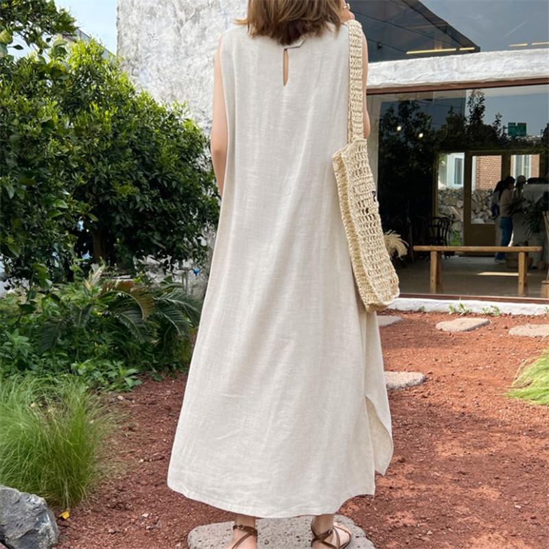 Loose casual over-the-knee A-line skirt, new summer slimming linen long skirt, cotton-linen tank dress S