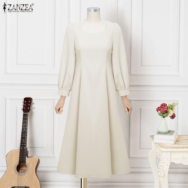 ZANZEA Women Elegant Square Collar Long Sleeve Casual Long Dress