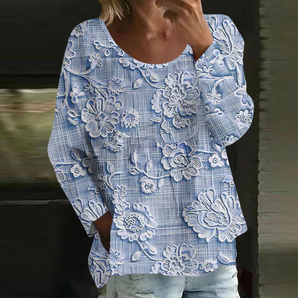 Damen Casual Mode Locker Rundhals Blumenmuster Langarm Oberteil