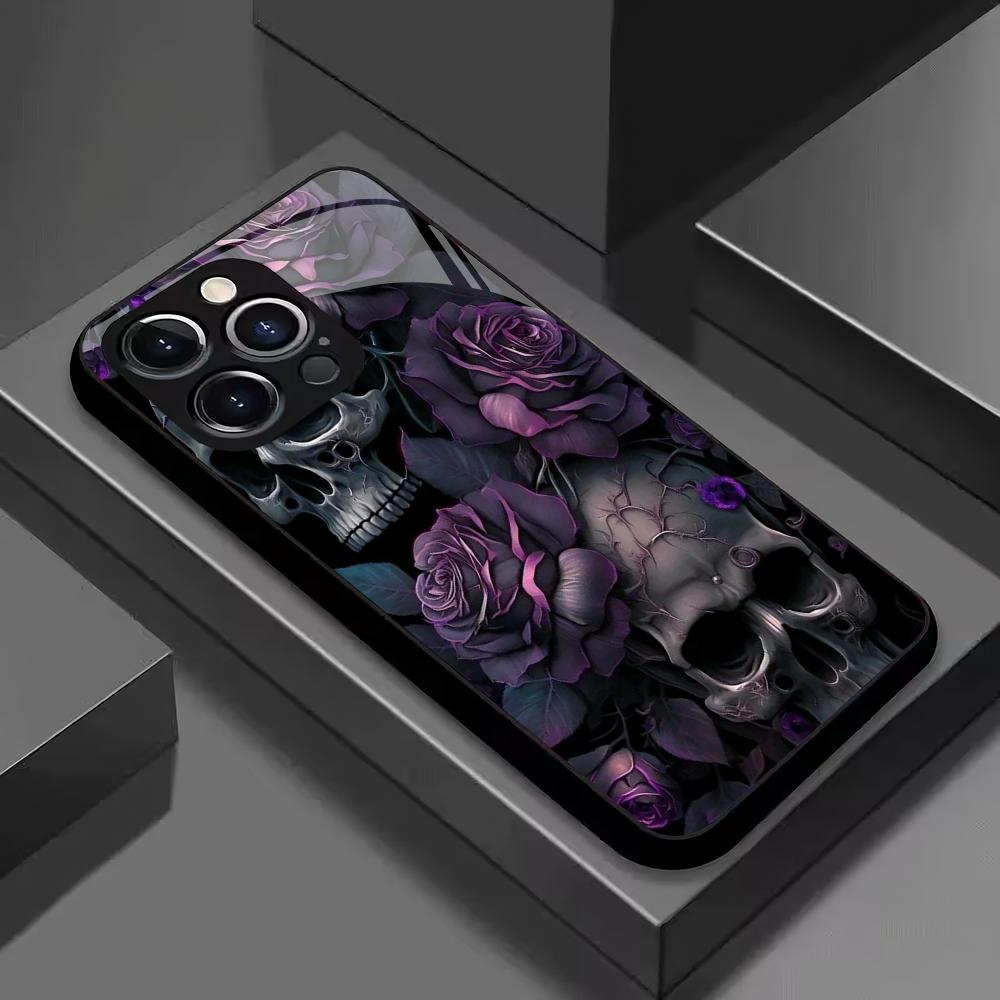 Purple flower skull pattern tempered glass phone case suitable for iPhone 17 16 15 14 13 12 11 Pro/Max/Plus anti drop back cover