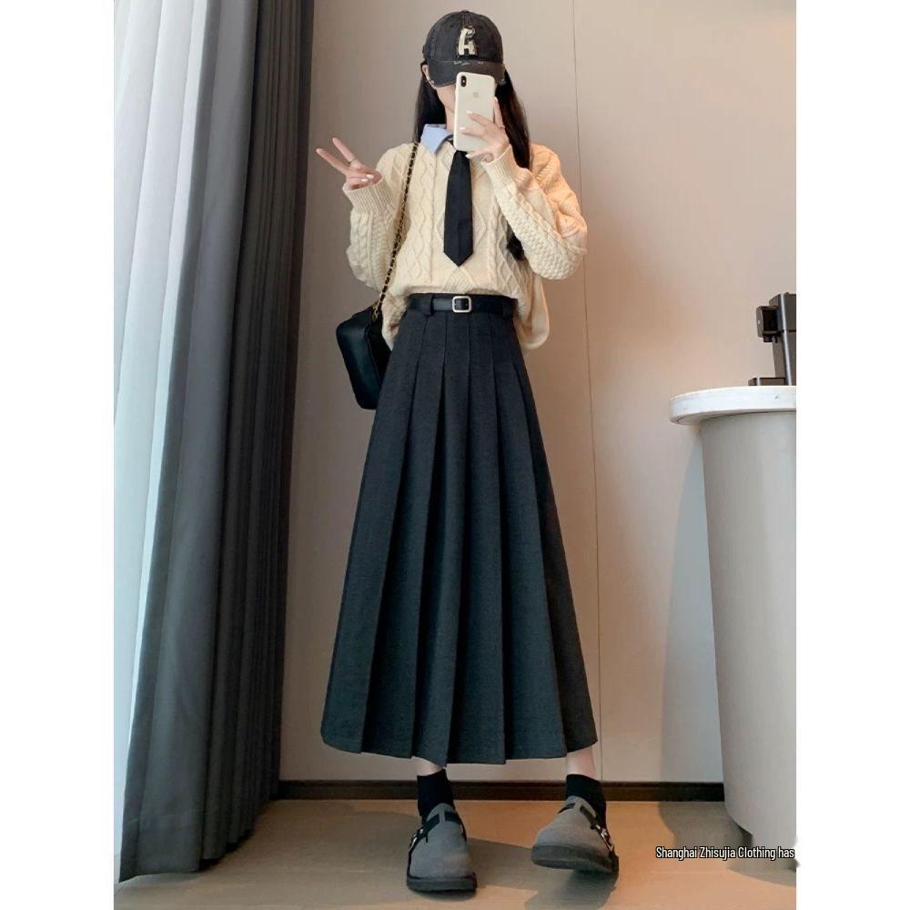 2024 New High Waist Black Woolen Pleated Midi Skirt for Autumn/Winter
