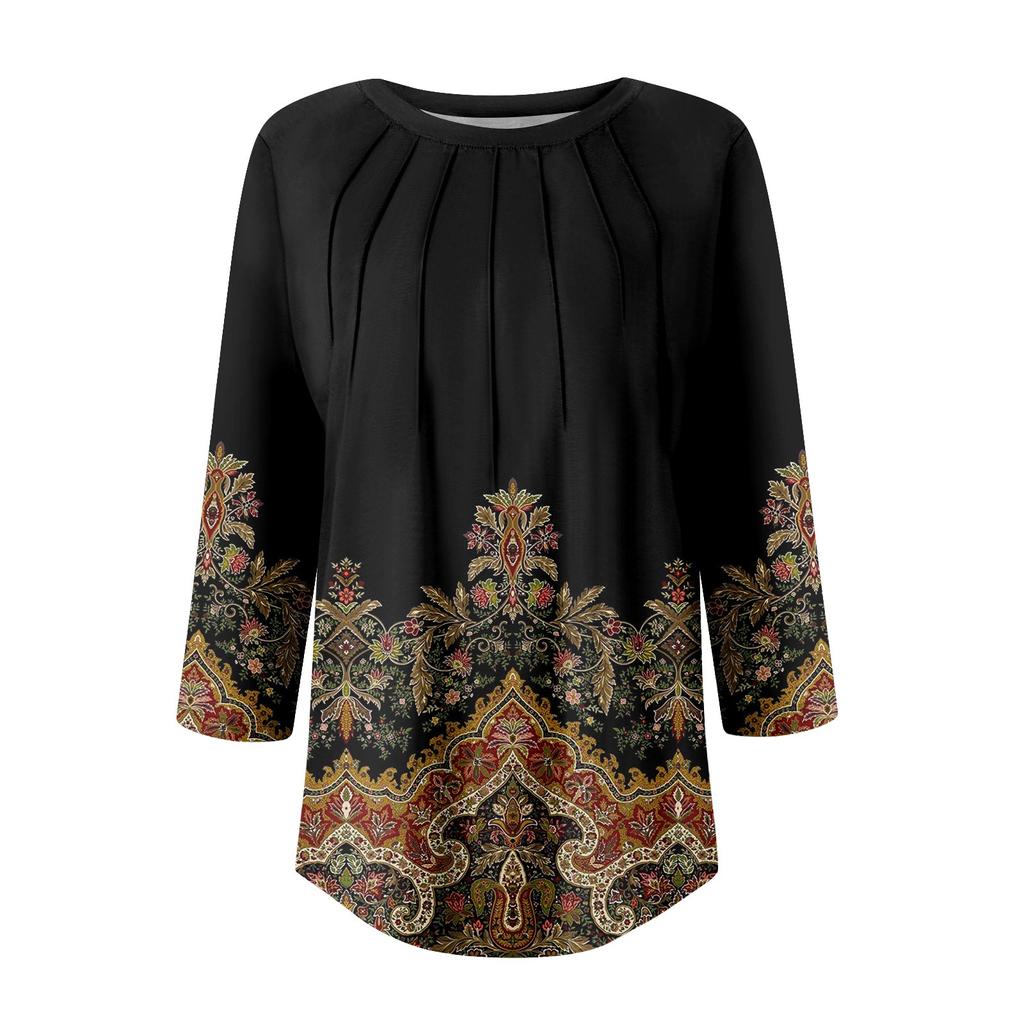 T-shirt à col rond à manches 3/4 pour femme, haut décontracté à la mode, imprimé, plissé, basique