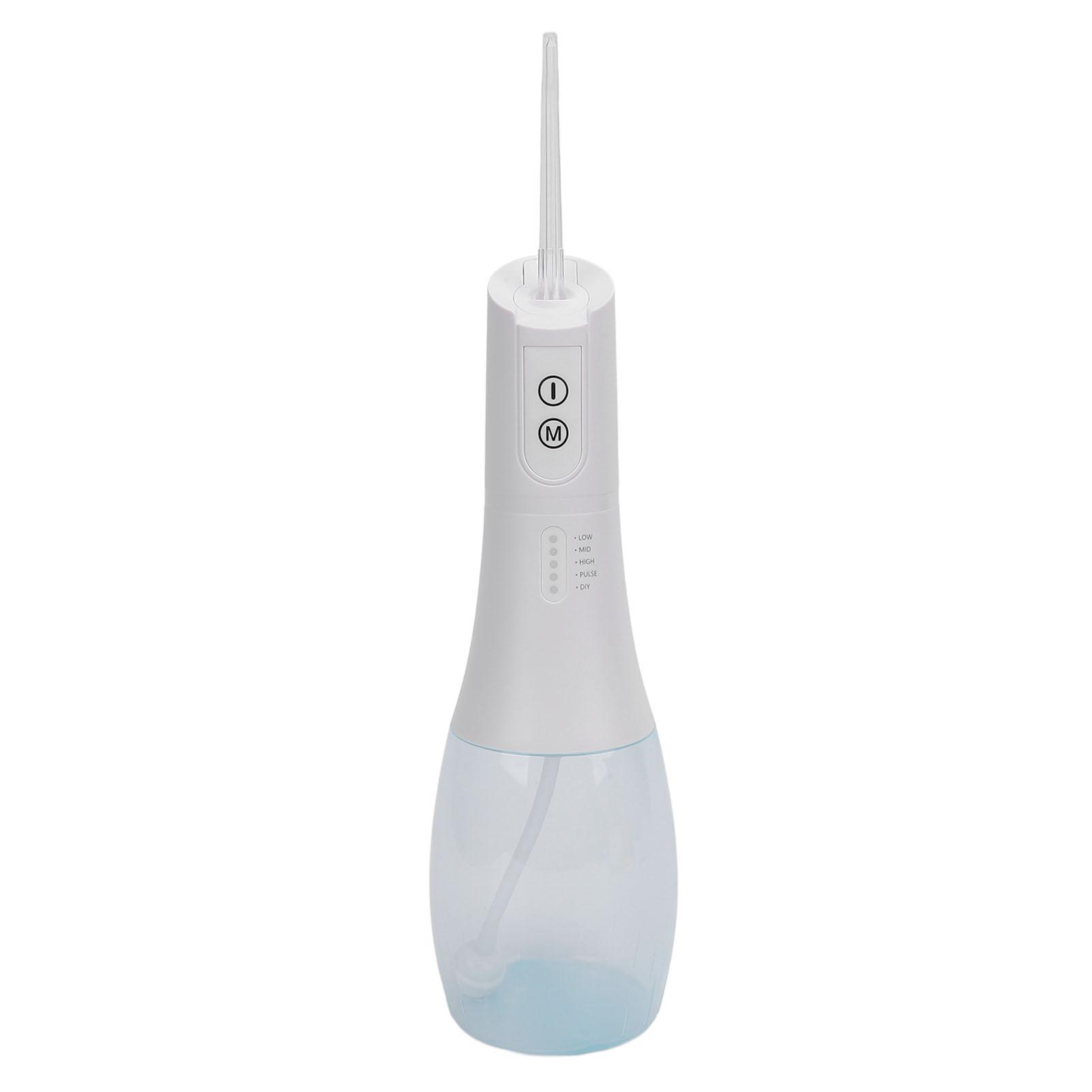 

Водный ирригатор для зубов IPX7 Водонепроницаемый 400 мл Расширяемый бак 130 фунтов на кв. дюйм 5 режимов Водные зубы белый