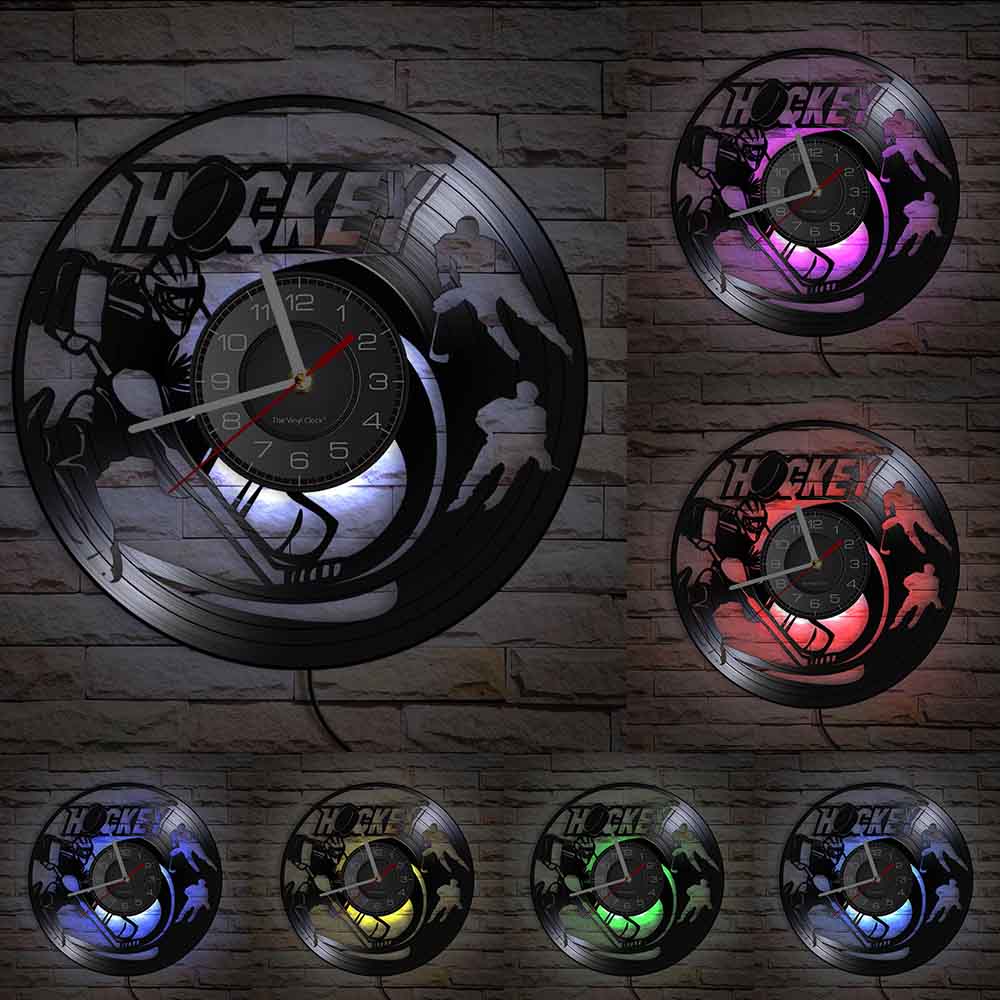 Hockey Wall Clock Hockey Player Silhouette Wall Art Home Decor Vinyl Record Wall Clock Vintage Hockey Fans Gift Handmade Artwork