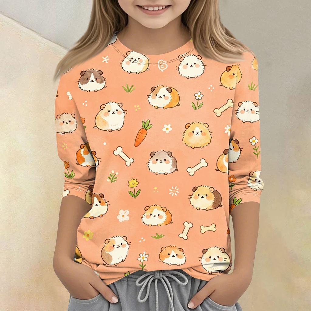 Kids Animal Print Crew Neck 3/4 Sleeve Casual T-Shirt Soft Comfortable Fabric Suitable for Everyday Wear and Outdoor Activities