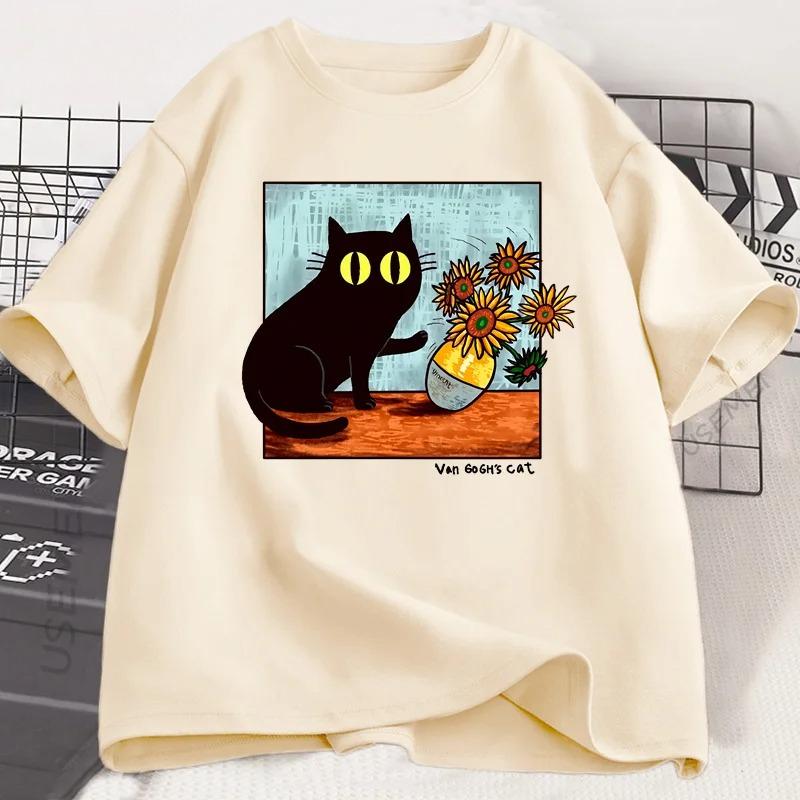 Van Gogh Cat Graphic Cartoon T Shirts Women Flower Black Cat T-shirt Round Neck Short Sleeve Trendy Tee Shirt Streetwear
