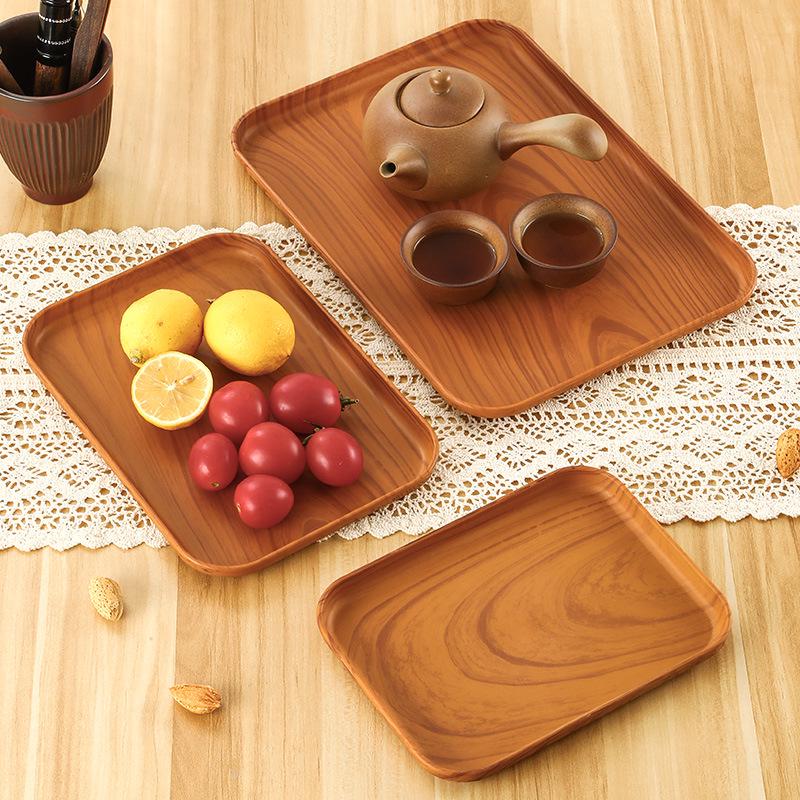 Rectangular Wood Grain Serving Tray for Cake, Fruit, Coffee, Dessert, and Storage