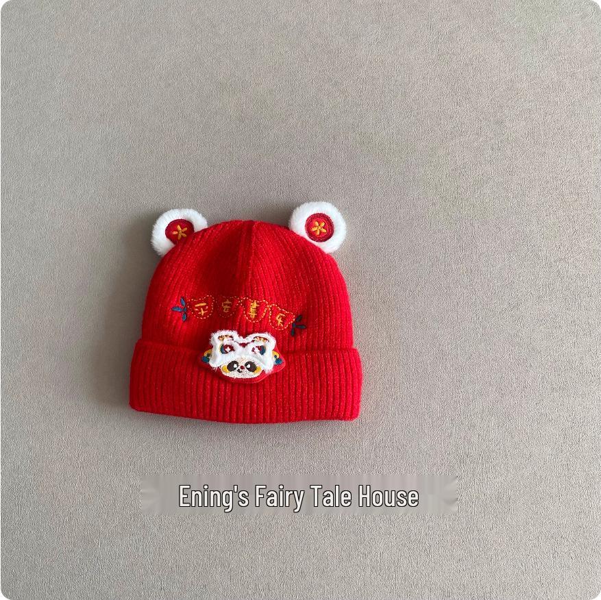 Embroidered Lion Woolen Baby Hat for Boys & Girls - 100-Day Birthday, Warm Ear Protection, Autumn/Winter Style