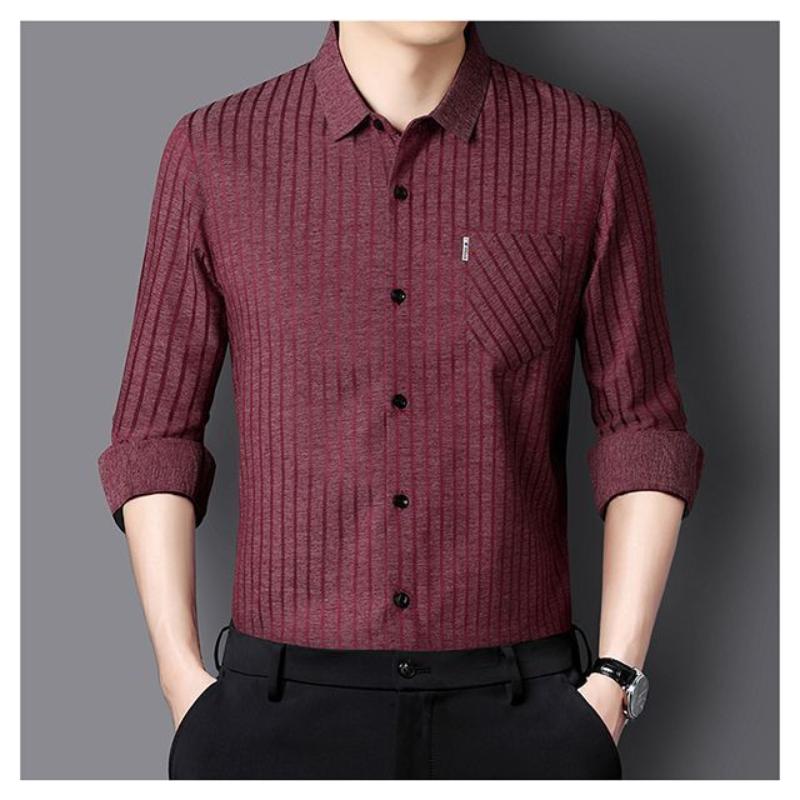 Autumn Men's Mulberry Silk Long-sleeved Shirt Casual Non-iron Breathable Anti-wrinkle Striped Middle-aged Shirt