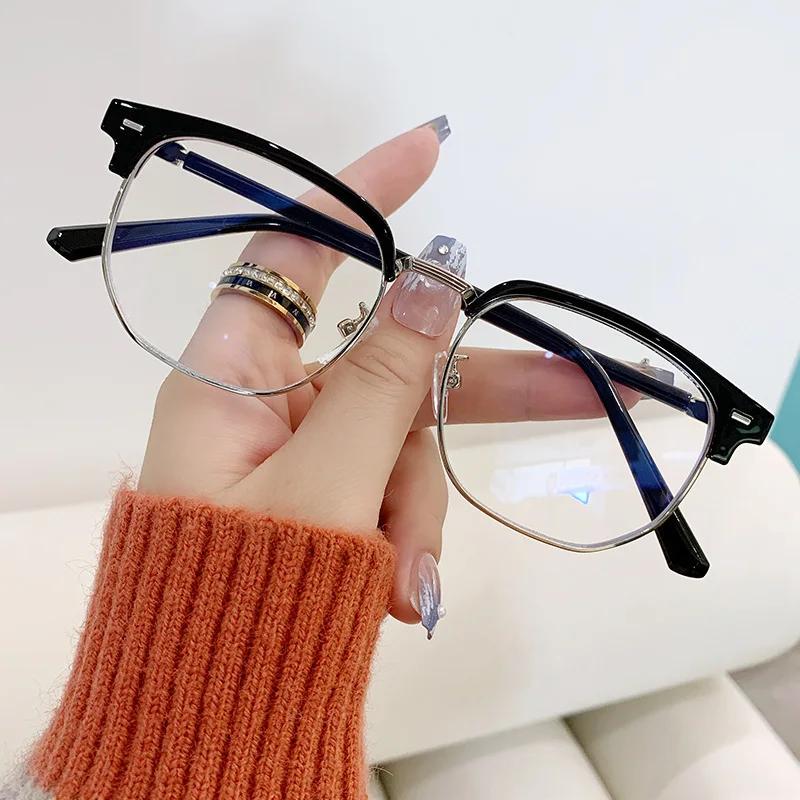 Retro Half Frame Myopia Glasses For Men And Women Anti Blue Light Glasses Frame Fashionable Flat Lens
