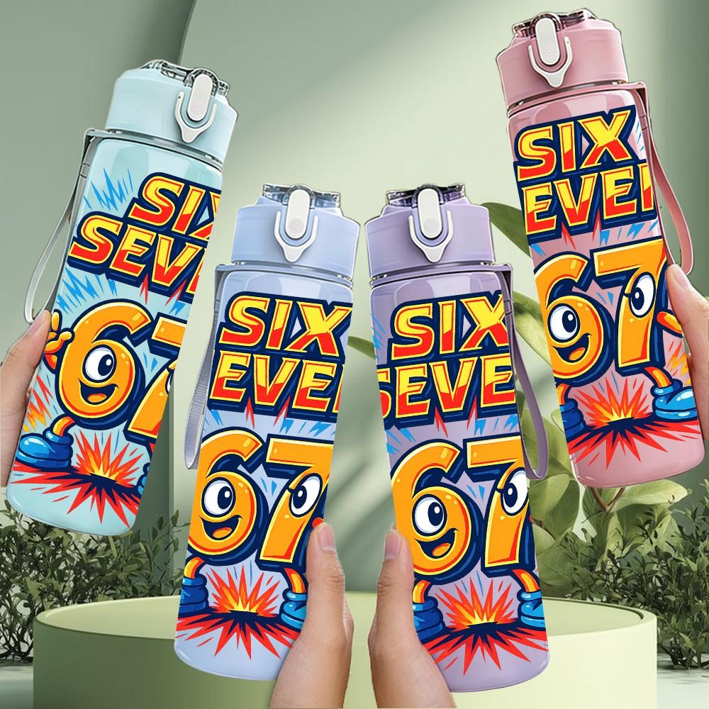 1PC Six Seven Retro Comic Number Art 750ml Color Plastic Sports Water Bottle Leakproof Flip Straw Lid Suitable for Sports Office Home Use