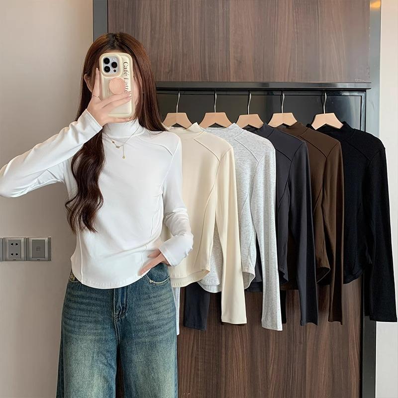 Long-sleeved bottoming shirt, T-shirt for women, half turtleneck, fishbone waist, layered inner layer, autumn and winter velvet warm top