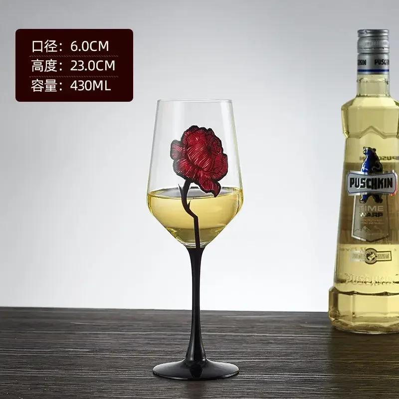 1pcs Hand Drawn Red Rose Patterned Cup Wedding Red Wine Champagne Glass Valentine's Day Wedding Rose Pattern Glass Wine Glass