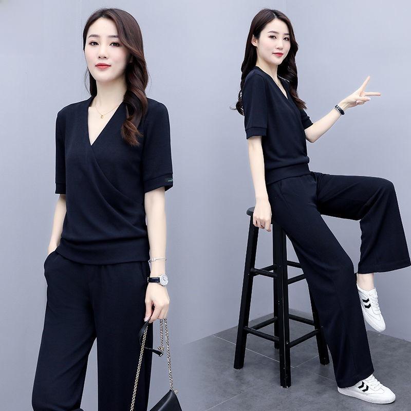 Chic Summer Women's V-Neck Top and Wide-Leg Pants Two-Piece Set - Trendy 2025 Xiaoxiang Style