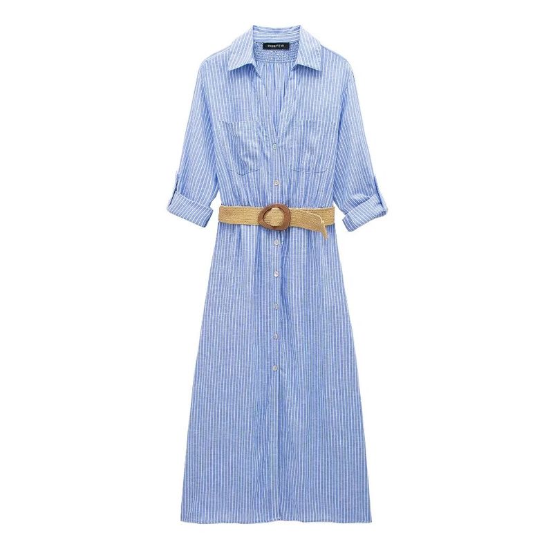 

Kaslead New Arrival Women s Clothing Fashion Style with Belt Shirt Style Dress 4387062 8372077 Blue L